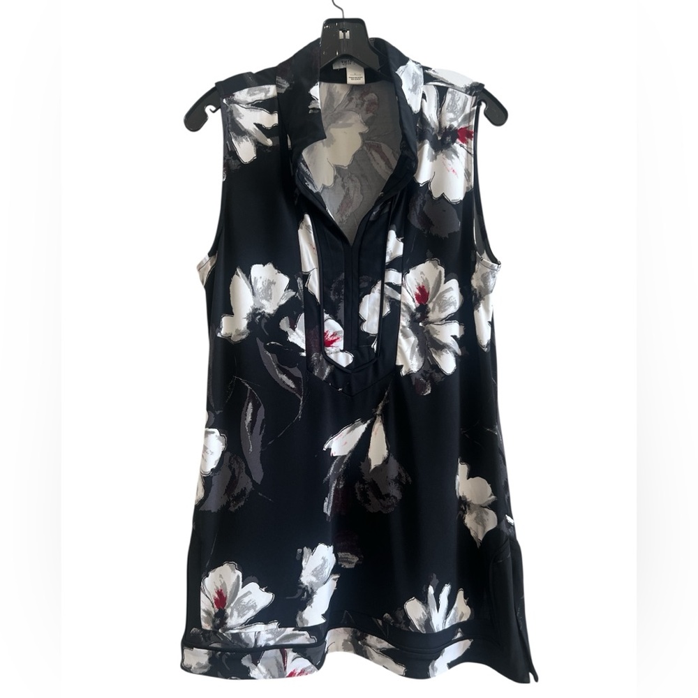 White House Black Market Black Floral Sleeveless V-Neck Tunic